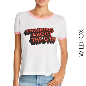 Wildfox NWT Thinking About The Gym Contrast Trim Boxy T-Shirt White Pink Red XS